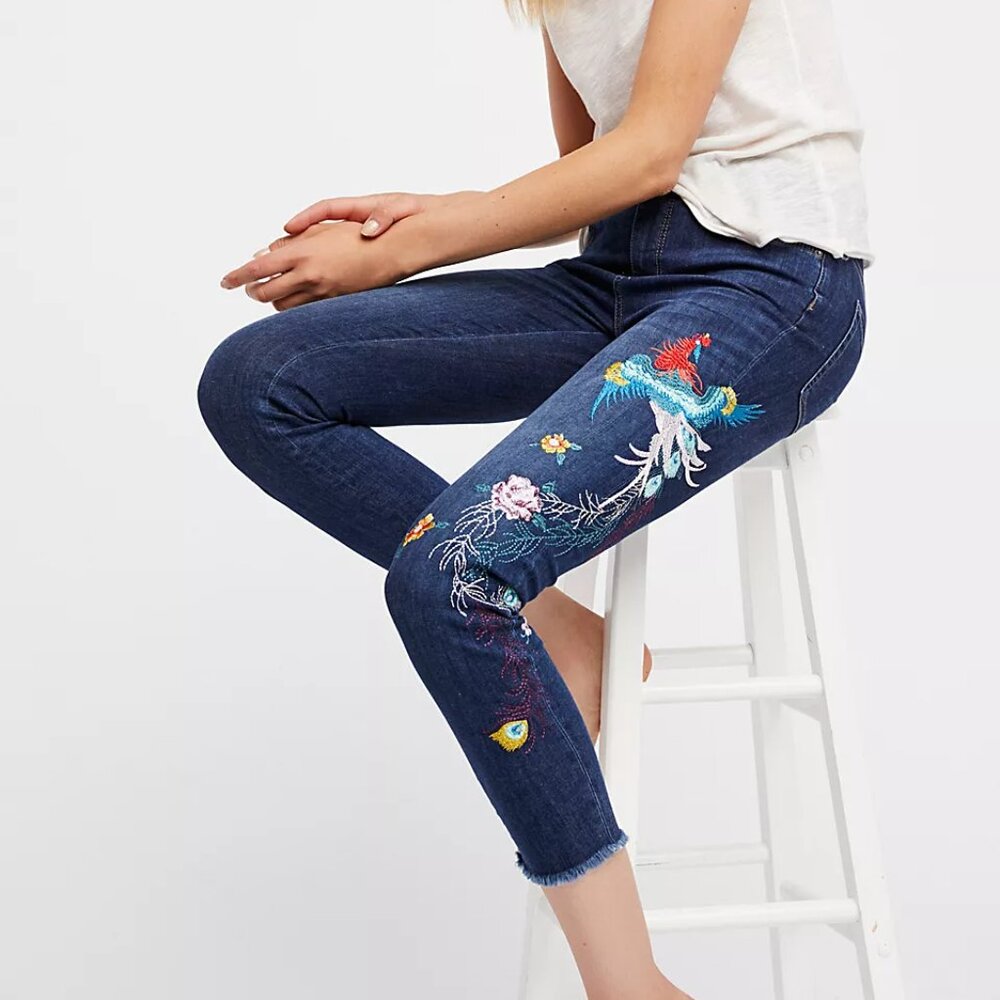 Free People Embroidered Bird Jean, Size 24, NWT